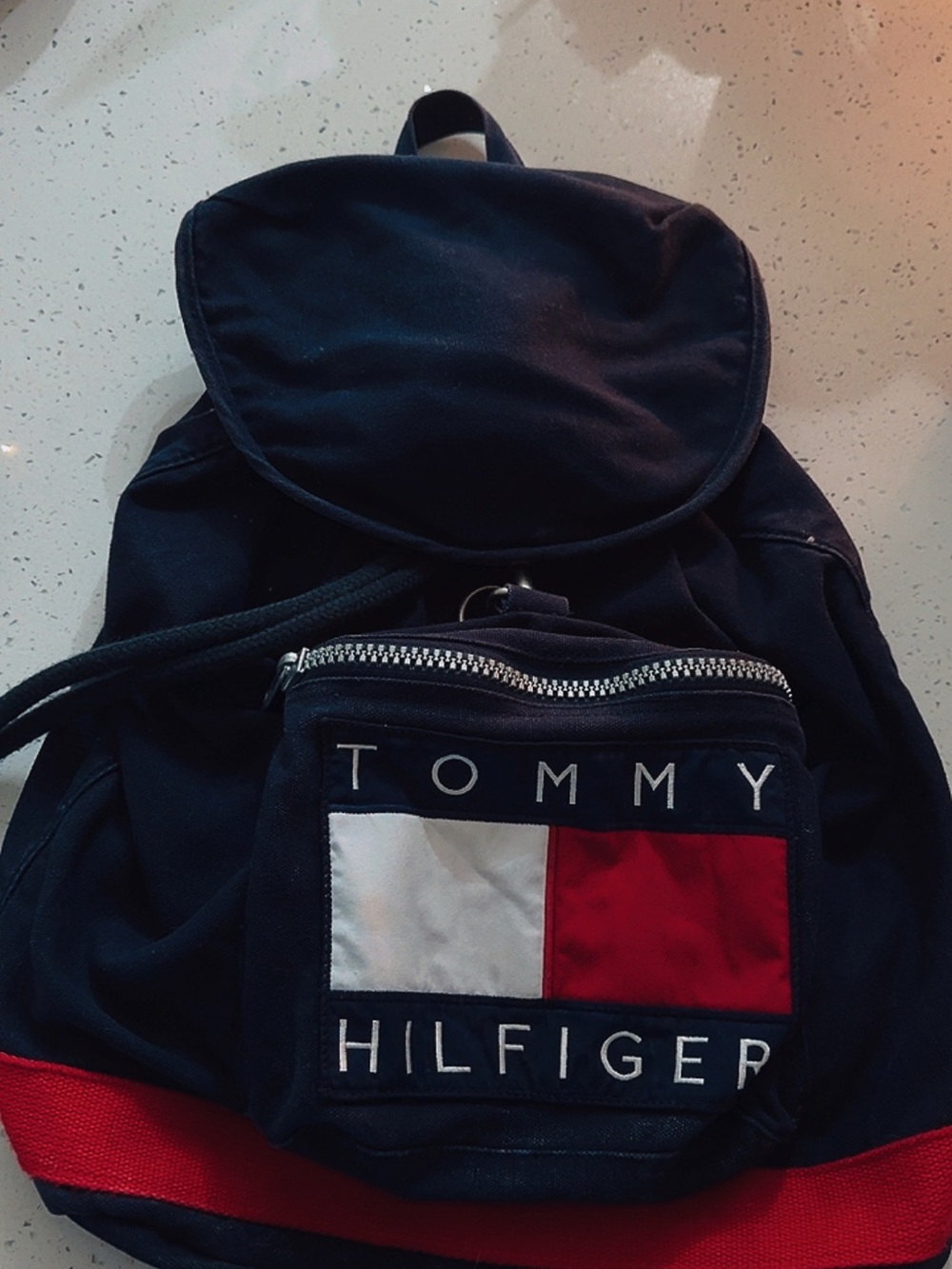 Tommy Hilfiger Navy Backpack with Red and White Flag Patch